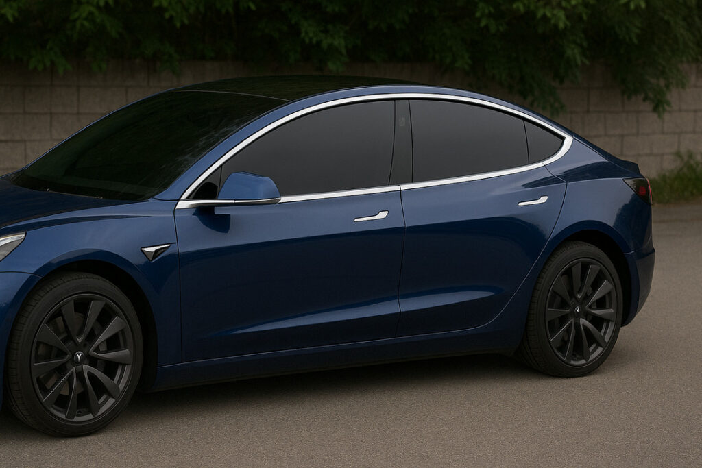 Blue Tesla Model 3 with full ceramic window tint parked on a quiet street