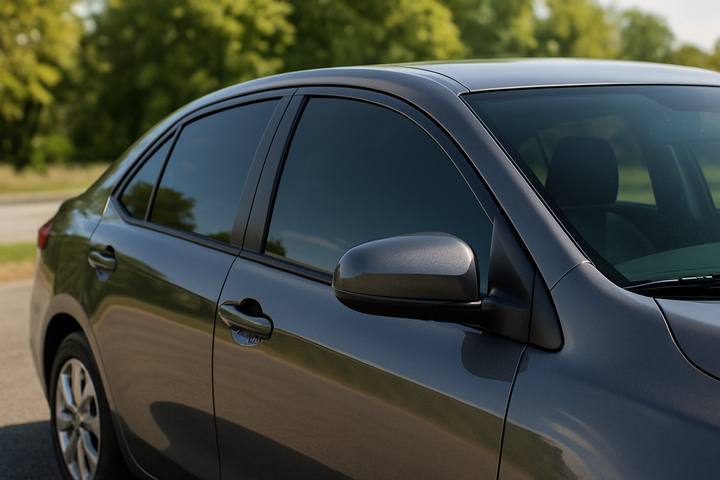 Dark Tinted Windows On A Gray Sedan Parked Outdoors In Sunny Weather