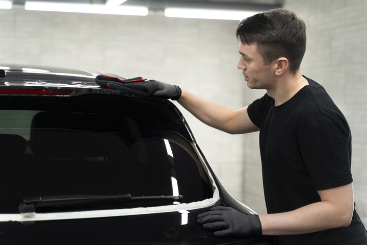 Auto detailer cleaning and prepping rear windshield before window tint installation