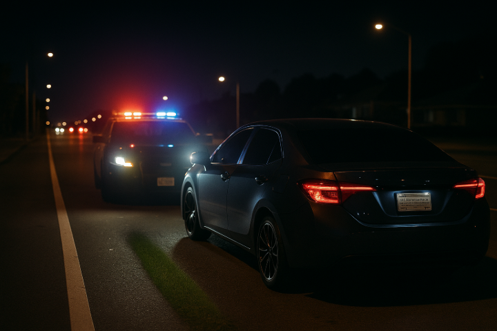 Police car with flashing lights pulling over a tinted sedan at night on a suburban street