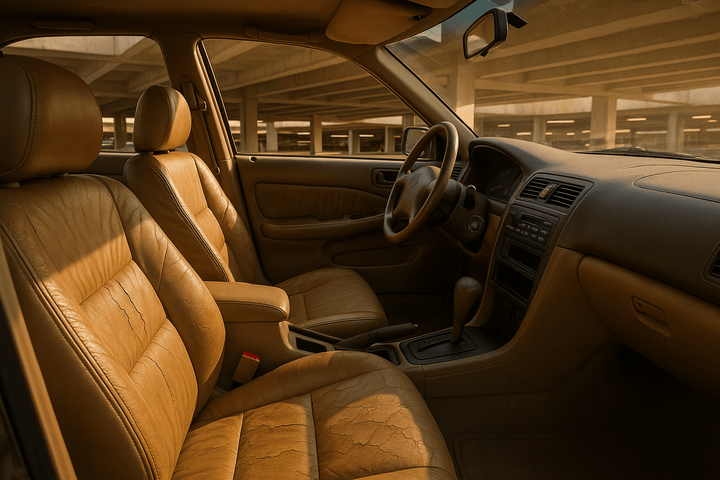 Sun-damaged car interior with cracked leather seats from summer heat exposure