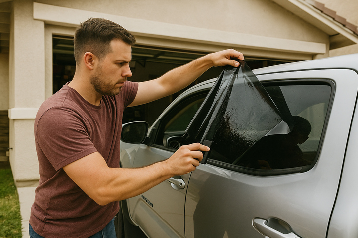 man doing a DIY window tint installation in front of garage