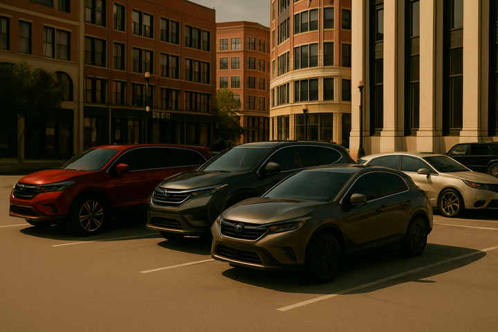 Row of parked cars with dark tinted windows under intense sunlight in a city