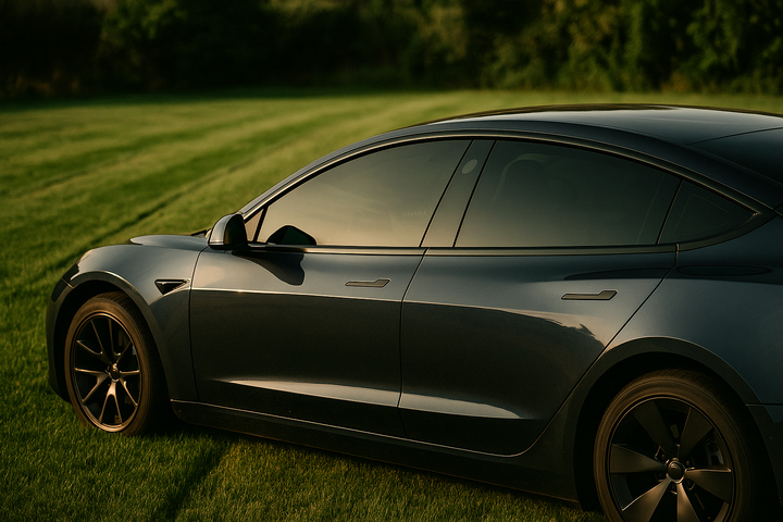 Side view of a Tesla Model 3 with dark ceramic window tint parked on grass