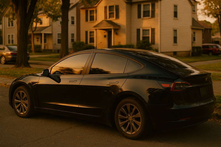 Black Tesla Model 3 parked on a suburban street during golden hour with traditional American homes in the background
