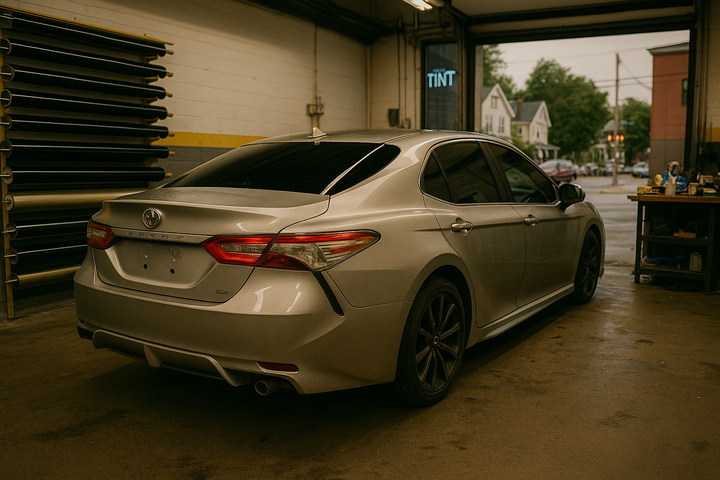 Silver Toyota Camry with fresh window tint parked inside a professional tint shop