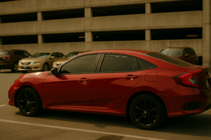 Red sedan with dark window tint parked in an outdoor lot near a parking garage, showcasing sleek tint finish and blacked-out rims.